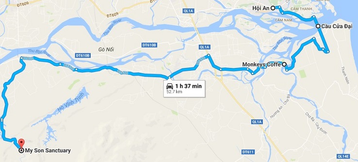 Maps from Hoi An to My Son Sanctuary (though Cua Dai bridge)